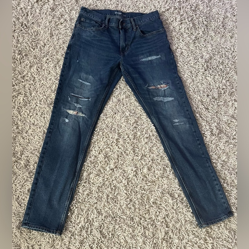 Old Navy Men’s Blue Skinny Jeans Slim Fashion Plaid Distressed Details 32x32